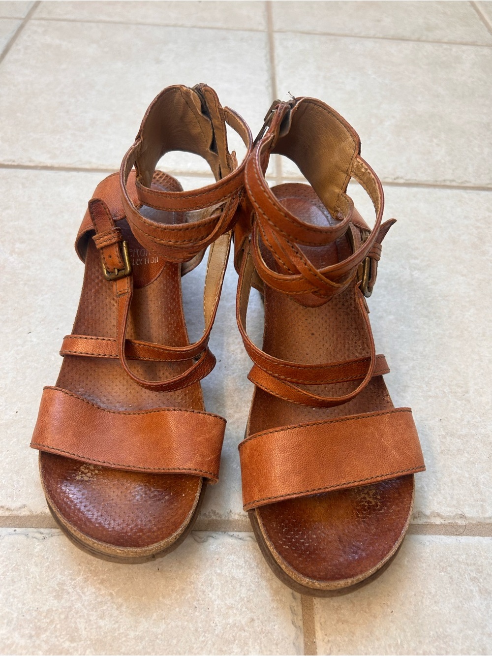 Miz Mooz Cognac Brown Leather Strappy Sandals, beautifully aged.
